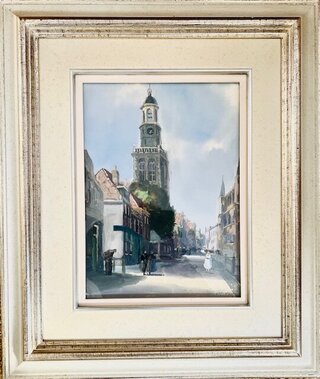 Gouache; ‘Stadsgezicht met toren’ , Kunstenaar Adriaan Terhell (1863 –